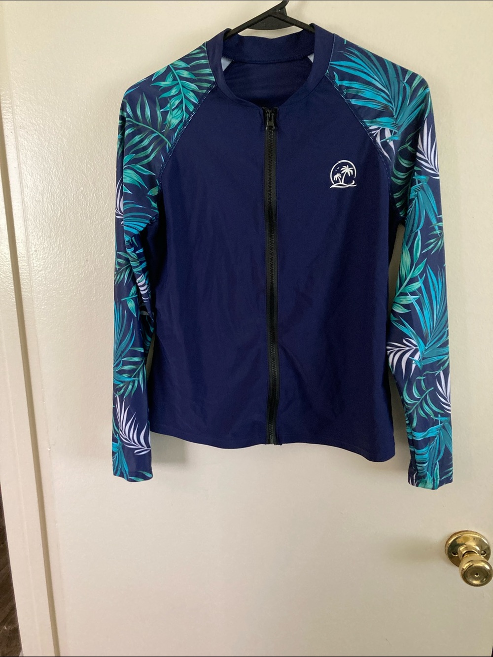 Navy Tropical-Print Zip Front Swim Coverup Jacket